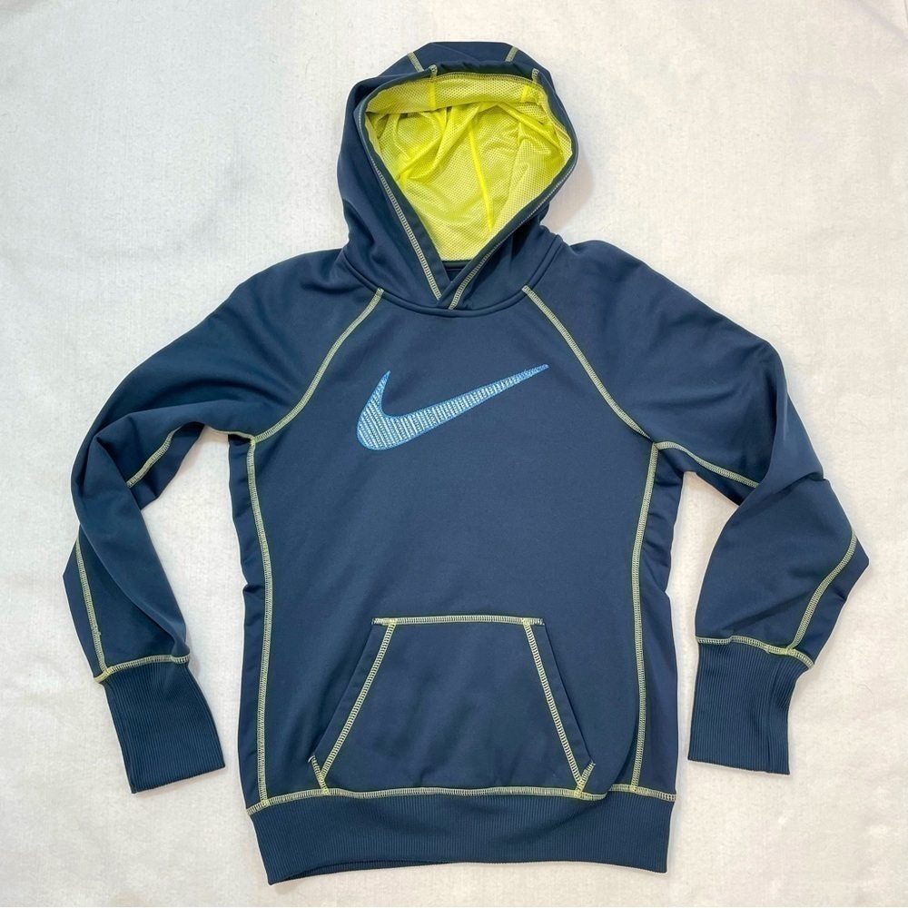 Nike Therma-fit Pullover Hoodie Dusty Blue Lemon Contrast Kangaroo Pocket Small